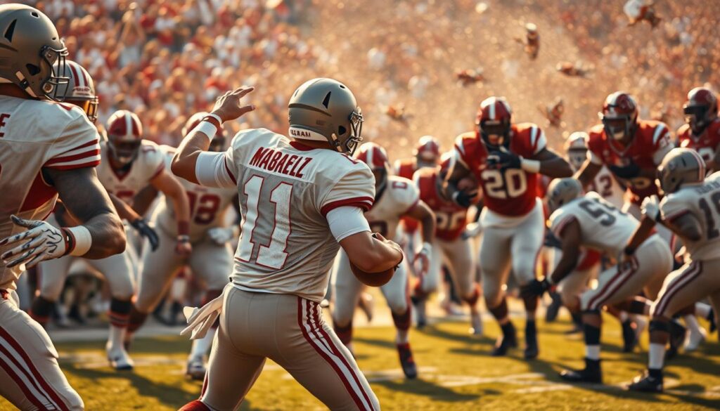 A heroic scene of iconic Alabama football players in action, captured in a dramatic, cinematic style. In the foreground, a quarterback drops back to pass, his arm cocked and ready to unleash a powerful throw. Around him, stalwart offensive linemen provide ironclad protection, their faces etched with determination. In the middle ground, a running back bursts through the line, breaking tackles and powering towards the end zone. In the background, a defense swarms, defenders flying through the air to make game-changing plays. The scene is bathed in warm, golden light, evoking the storied legacy of Alabama football. Crisp, high-contrast details bring the action to life, with a wide, cinematic angle that immerses the viewer in the intensity of the moment.