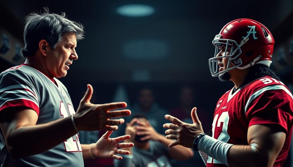 A vibrant, dynamic image showcasing the great Alabama quarterback legends in a heated but respectful debate. The foreground features three iconic signal callers - Ken Stabler, Joe Namath, and Tua Tagovailoa - engrossed in an animated discussion, gesturing passionately as they make their cases for the 'GOAT' title. The middle ground captures the intense focus and competitive spirit, while the background blurs into a dimly lit, nostalgic locker room setting, evoking the storied history of Alabama football. Dramatic side lighting casts dramatic shadows, heightening the sense of drama and rivalry. The overall mood is one of reverence, healthy debate, and the eternal quest to determine the finest quarterback in Crimson Tide lore.
