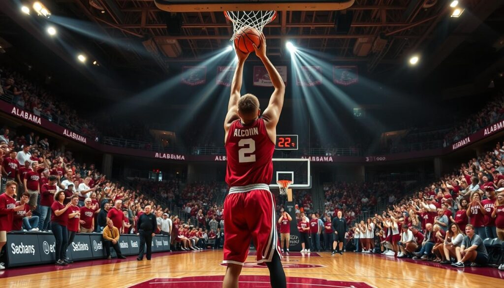 A clutch basketball performance in the heart of Tuscaloosa, Alabama. The player, in a crisp crimson jersey, rises up for a game-winning shot, the clock winding down. Beams of stadium lighting cast dramatic shadows, heightening the tension. Loyal fans, their faces a blur of excitement, fill the stands, creating an electric atmosphere. The court's sleek wooden surface reflects the action, adding depth and drama to the scene. A hush falls over the crowd as the ball arcs gracefully towards the hoop, capturing a decisive moment in the storied history of Alabama basketball's fiercest rivalries.