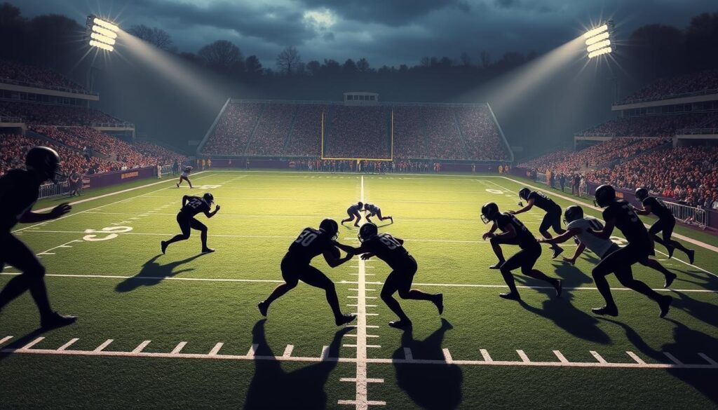 A detailed defensive play diagram showcasing a famous goal line stand between Louisiana State University and the University of Alabama on a crisp autumn evening. In the foreground, player silhouettes engaged in a fierce struggle, their movements frozen in time, the shadows cast by floodlights creating a dramatic chiaroscuro effect. The middle ground features a meticulously rendered gridiron, the yard lines and hash marks precisely delineated, while the background fades into a hazy stadium atmosphere, the stands filled with the electric tension of the crowd. The scene is imbued with a sense of strategic intensity, the players' expressions focused, the stakes palpable, capturing the essence of a pivotal defensive triumph that cemented Alabama's storied legacy.