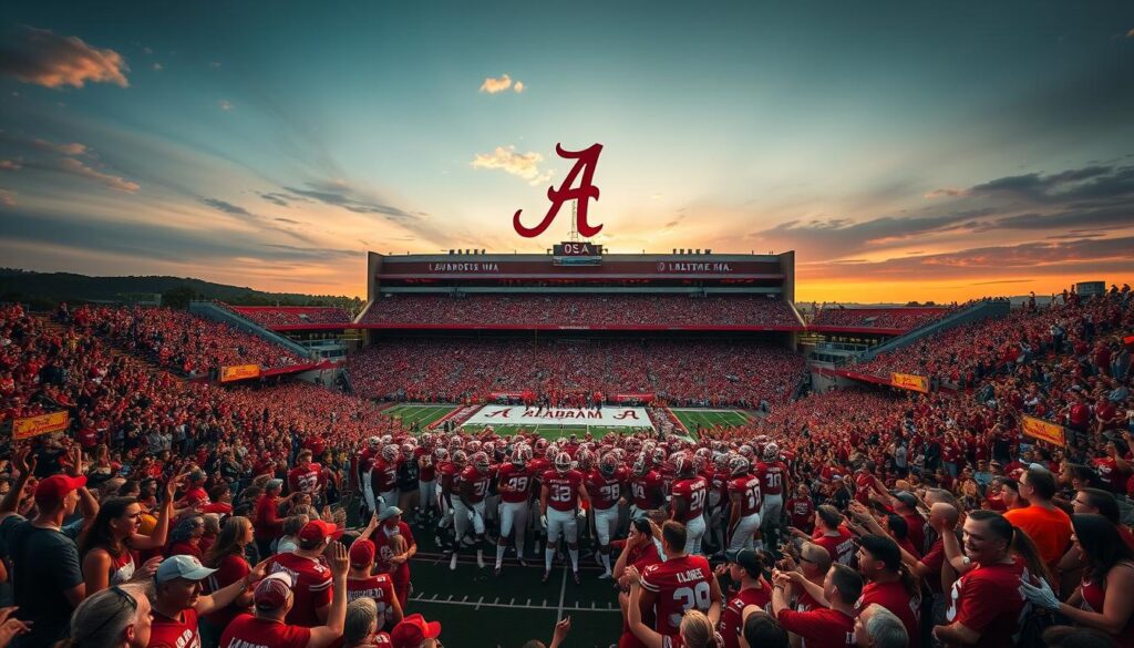 A dramatic, high-angle view of Bryant-Denny Stadium in Tuscaloosa, Alabama, as the sun sets over the storied field. In the foreground, a dedicated crowd of crimson-clad fans erupts in thunderous cheers, their faces etched with determination and unwavering support. In the middle ground, the players of the Alabama Crimson Tide football team, led by their fearless quarterback, rally together, their body language conveying a palpable sense of resilience and unwavering will to overcome any obstacle. In the background, the iconic Alabama script logo stands tall, a symbol of the team's rich history and the legacy of comeback culture that has defined its gridiron dominance.