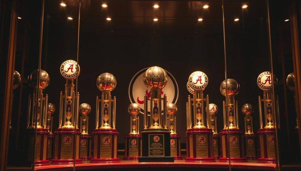 A grand, ornate trophy case stands prominently in the foreground, its polished glass shelves showcasing an impressive array of NCAA SEC basketball championship trophies won by the Alabama Crimson Tide over the years. The trophies glisten under warm, focused lighting, casting subtle shadows that add depth and drama to the scene. In the middle ground, the university's crimson and white team colors are reflected in the trophy case's trim, hinting at the rich heritage and passionate fanbase behind these accolades. The background fades into a shadowy, reverent atmosphere, allowing the trophies to take center stage and command the viewer's attention, a testament to Alabama's basketball dominance in the Southeastern Conference.