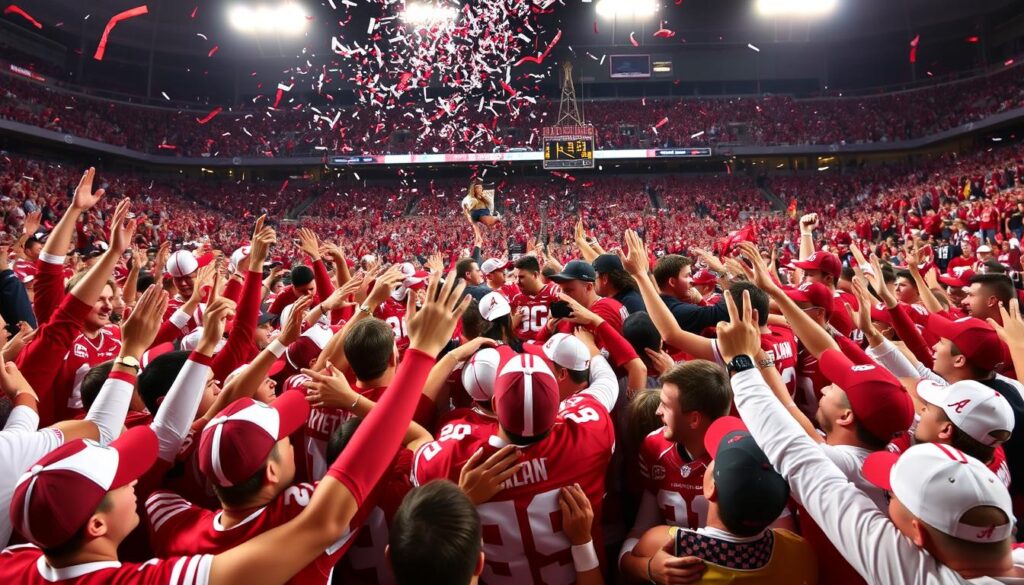 A jubilant scene of Alabama Crimson Tide fans celebrating their team's national championship victory. In the foreground, a crowd of elated supporters clad in crimson and white jerseys, hats, and face paint surge together, arms raised in triumph. In the middle ground, players and coaches embrace, exchanging celebratory high-fives and hugs against a backdrop of confetti-filled air and a sea of cheering fans. The stadium's bright floodlights cast a warm, triumphant glow over the entire celebration, capturing the electrifying atmosphere of this historic moment for the university and its passionate fanbase.