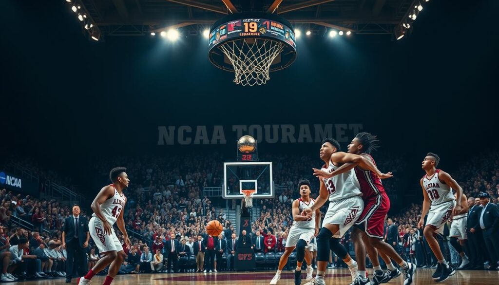 A dramatic basketball court at night, lit by dramatic stadium lighting. In the foreground, a group of Alabama basketball players in their uniforms, mid-game, their expressions intense as they compete for the ball. In the middle ground, the silhouettes of cheering fans filling the stands, their excitement palpable. In the background, the faint outlines of the NCAA tournament trophy and banners, hinting at Alabama's proud history of success in the Big Dance. The atmosphere is electric, capturing the thrill and tension of Alabama's NCAA tournament runs - their triumphs and heartbreaks throughout the years.