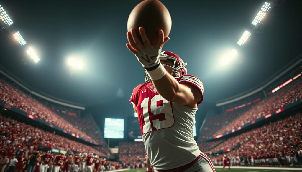 A dramatic gridiron scene unfolds, as a Crimson Tide receiver stretches out, their fingertips grasping the game-winning touchdown pass against a backdrop of a packed stadium. Bright stadium lights cast a cinematic glow, illuminating the intense focus and triumph on the player's face. Swirling crowds and the team's iconic crimson and white uniforms create a palpable sense of excitement and victory. Captured from a low angle, the image conveys the thrill and significance of a decisive, last-second play that will be etched into Alabama football lore.