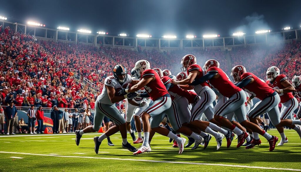 A fiercely contested American football rivalry, the Iron Bowl between the University of Alabama Crimson Tide and Auburn University Tigers rages with unparalleled intensity. Set against a backdrop of a packed stadium, capture the electric atmosphere as the two teams clash on the gridiron. Thunderous cheers from ardent fans in crimson and orange reverberate through the air, creating a palpable tension. Dramatic lighting casts long shadows, emphasizing the muscular forms of the players as they collide with earth-shaking force. The camera's wide angle showcases the grandeur of the event, while tight shots highlight the determined expressions and grit etched on the faces of the athletes. Convey the high stakes, unwavering passion, and sheer drama of this legendary clash.