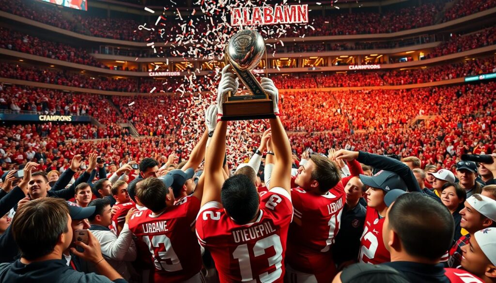 A grand stadium filled with roaring fans, the Crimson Tide players triumphantly holding aloft the glimmering national championship trophy. The foreground captures the intense emotion and celebration, players hoisting the trophy high as confetti rains down. In the middle ground, coaches and staff embrace, sharing in the thrill of victory. The background reveals the packed bleachers, the crowd's exuberant faces illuminated by the warm, golden stadium lighting. The scene conveys the sheer magnitude of Alabama's gridiron dominance, a powerful testament to their legendary status in college football.