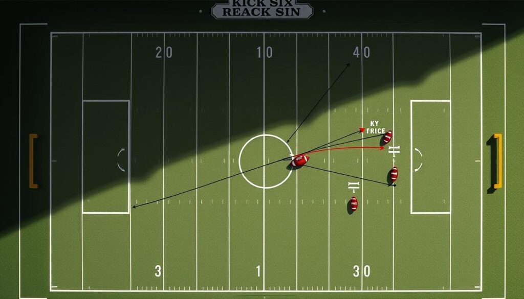 A highly detailed and technical diagram of the "Kick Six" return strategy, with a focus on the play breakdown. The scene depicts a top-down view of a football field, meticulously rendered with precise lines, shapes, and annotations to convey the key tactical elements. The diagram features clear markings for player positions, ball trajectories, and strategic movements, all rendered in a muted color palette with a slight vintage tone to evoke the historical significance of the play. The overall mood is one of analytical precision, highlighting the intricate planning and execution that led to the iconic "Kick Six" moment.
