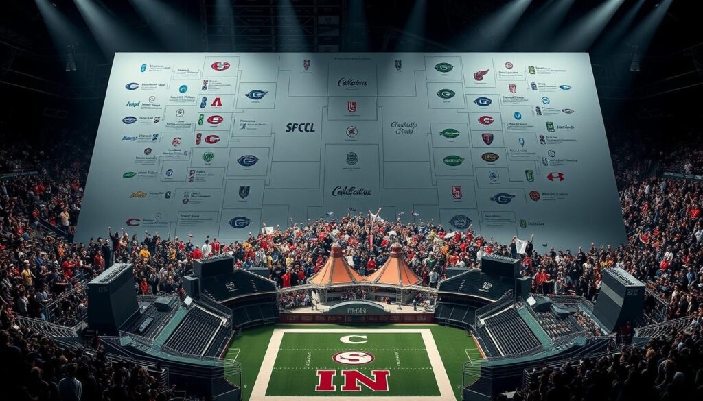 A massive conference realignment map dominates the foreground, conveying the sweeping changes in collegiate sports. In the middle ground, team logos and iconic stadiums clash, representing the institutional upheaval. The background features a swirling vortex of school colors, logos, and athletic gear, symbolizing the far-reaching impact on programs, fans, and the broader sports landscape. Dramatic lighting casts dramatic shadows, heightening the sense of disruption and uncertainty. The overall composition evokes the seismic shift in the power dynamics of collegiate athletics.