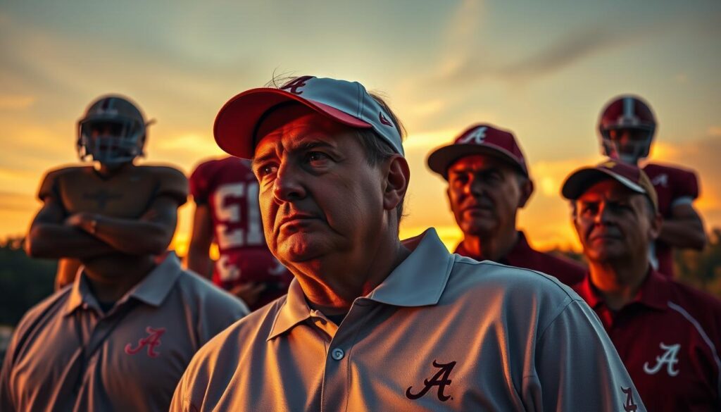 A serene autumn evening in Tuscumbia, Alabama. Against the backdrop of a dreamy sunset, the iconic figures of Alabama championship coaches stand tall, their intense gazes conveying the determination that propelled the Crimson Tide to glory. In the foreground, the legendary Nick Saban, his steely eyes fixed on the horizon, embodying the transformative spirit that elevated Alabama's football program to unprecedented heights. Surrounding him, the ghostly silhouettes of his predecessors - Bear Bryant, Gene Stallings, and others - their presence a testament to the rich tapestry of Alabama's storied coaching legacy. The scene is bathed in a warm, golden light, capturing the sense of legacy and unwavering commitment that defines the Saban era. A serene autumn evening in Tuscumbia, Alabama. Against the backdrop of a dreamy sunset, the iconic figures of Alabama championship coaches stand tall, their intense gazes conveying the determination that propelled the Crimson Tide to glory. In the foreground, the legendary Nick Saban, his steely eyes fixed on the horizon, embodying the transformative spirit that elevated Alabama's football program to unprecedented heights. Surrounding him, the ghostly silhouettes of his predecessors - Bear Bryant, Gene Stallings, and others - their presence a testament to the rich tapestry of Alabama's storied coaching legacy. The scene is bathed in a warm, golden light, capturing the sense of legacy and unwavering commitment that defines the Saban era.
