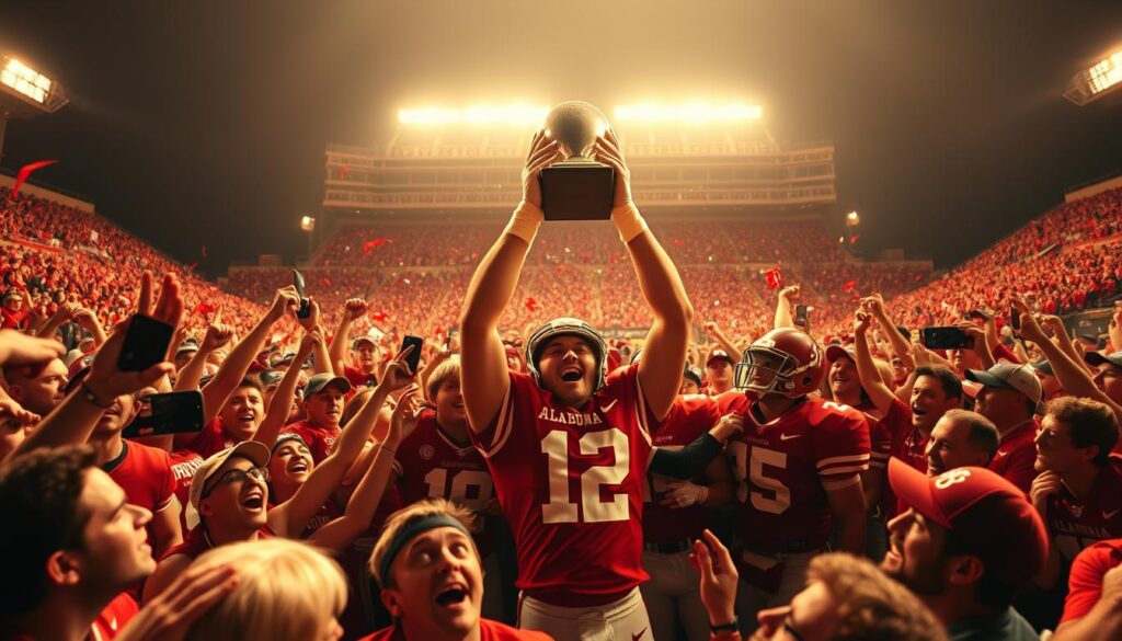 Iconic crimson tide moments: A vibrant tapestry of Alabama football's triumphant past. In the foreground, a sea of crimson-clad fans erupting in thunderous cheers, their faces alight with the thrill of victory. In the middle ground, the players in their iconic uniforms, triumphantly raising the trophy aloft, their expressions etched with the pride of hard-won success. In the background, the grand stadium stands in a warm, golden glow, a timeless monument to the enduring spirit of the Crimson Tide. Cinematic lighting casts dramatic shadows, emphasizing the raw emotion and energy of the scene. Wide-angle lens captures the scale and magnitude of this pivotal moment, a testament to the team's unwavering determination and the devotion of their loyal fanbase.