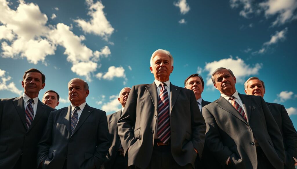 a group of championship-winning men's basketball coaches from the University of Alabama, standing confidently on a hardwood basketball court with a deep blue sky and sparse white clouds in the background. The coaches are dressed in suits and ties, their expressions serious and determined. The lighting is warm and natural, casting subtle shadows and highlights across their faces. The camera angle is slightly low, capturing the coaches from a heroic perspective that emphasizes their stature and accomplishments. The overall tone is one of pride, success, and the rich tradition of Alabama basketball.