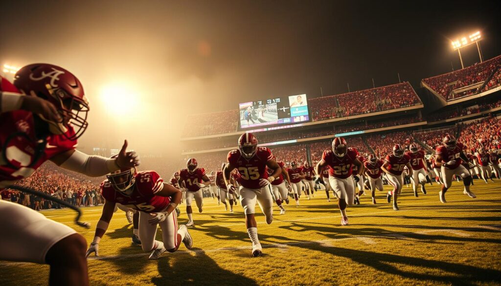 A dramatic gridiron scene unfolds, capturing the intensity of an Alabama football comeback. In the foreground, players in crimson jerseys surge forward, determination etched on their faces as they fight to overcome a daunting deficit. The middle ground showcases the packed stadium, fans on the edge of their seats, their expressions a mix of excitement and anticipation. In the background, the scoreboard flashes the narrowing gap, building the suspense of a nail-biting finale. Warm, golden lighting bathes the scene, heightening the sense of urgency and the gravity of the moment. Wide-angle lens captures the panoramic drama, conveying the enormity of the comeback and the unwavering spirit of the Crimson Tide.