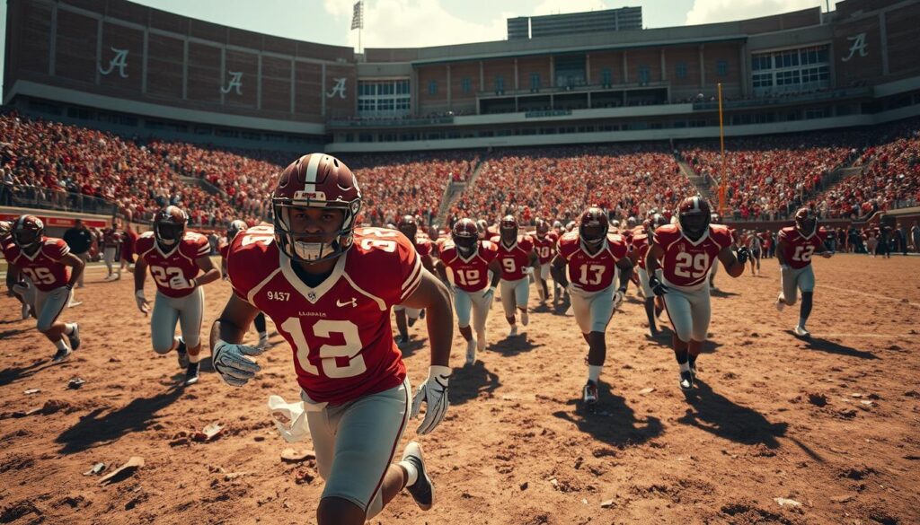 A rugged, sun-dappled field stretches out, dotted with the determined figures of Alabama football players, their jerseys bearing the iconic Crimson Tide logo. In the foreground, a player breaks free from the pack, his eyes narrowed in fierce focus, capturing the unwavering spirit of the underdog. The middle ground reveals a loyal crowd, their faces alight with hope and pride, as they cheer on their team's improbable ascent. In the distance, the weathered, time-honored walls of Bryant-Denny Stadium stand as a testament to the legacy of Alabama's underdog triumphs, casting a warm, nostalgic glow over the scene. Captured through a wide-angle lens, this image embodies the unwavering determination and unshakable resolve that define the "Roll Tide Underdogs."