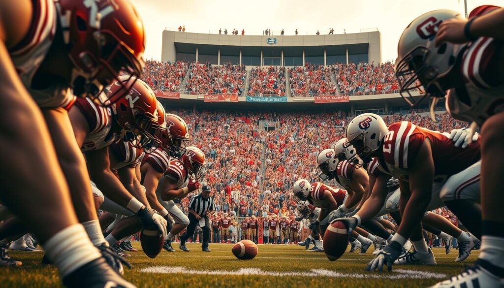 A tense, dramatic scene unfolds on the gridiron, as two rival teams clash in the historic Iron Bowl. The foreground captures the intensity of the moment, with players locked in fierce competition, their expressions etched with determination. In the middle ground, the stadium erupts in a sea of cheering fans, their colors and banners creating a vibrant, pulsating atmosphere. The background showcases the grandeur of the arena, its towering stands and iconic architecture framing the action. Warm, golden lighting casts a sense of urgency, while the low-angle perspective heightens the drama, putting the viewer at the heart of the nail-biting finish.