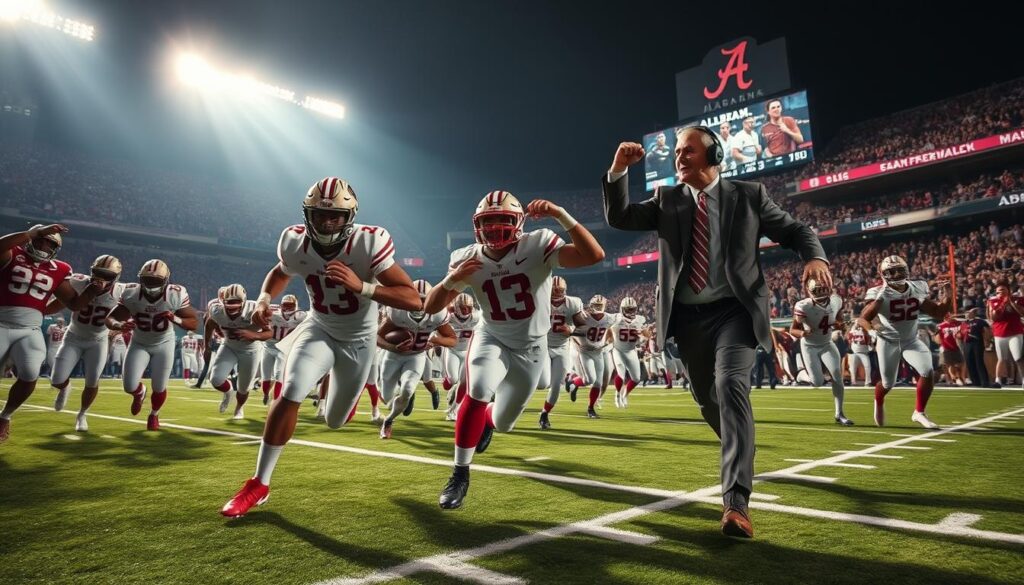 A thrilling football stadium under dramatic lighting, Alabama players charging forward against overwhelming odds, determination etched on their faces. In the foreground, a star quarterback weaves through defenders, the pigskin clutched tightly as he seeks the game-winning touchdown. In the middle ground, an inspirational coach rallies his team, fists pumped high, rallying the underdogs to defy expectations. The background captures the electric atmosphere, fans on the edge of their seats, the scoreboard showing a narrow Alabama lead in the final seconds. Capture the spirit of Alabama's greatest "nobody believed" comeback moments, a testament to the team's unwavering resilience and unshakable will to win.