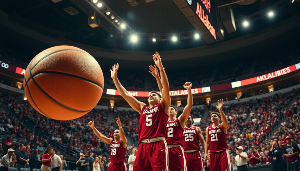 A dynamic composition depicting Alabama's SEC basketball championship glories. In the foreground, a basketball soars through the air, its leather surface catching the bright arena lights. Towering in the middle ground, players in crimson jerseys celebrate passionately, arms raised in triumph. In the background, the arena's tiered seating overflows with a sea of cheering fans, their collective joy palpable. The scene is bathed in a warm, celebratory glow, conveying the excitement and pride of Alabama's hard-earned conference titles. Crisp, high-contrast details capture the intensity of the moment, while a cinematic angle and lens flare add a sense of drama and significance to the image.