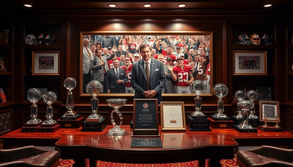 A beautifully detailed tribute display dedicated to Nick Saban, set within the interior of a luxurious trophy room. In the foreground, a polished cherry wood table with a collection of prestigious awards, including crystal trophies and framed accolades, illuminated by soft, warm lighting. In the middle background, a wall adorned with photographs capturing Saban's coaching milestones, showcasing him in professional attire surrounded by jubilant players and fans. The atmosphere conveys reverence and admiration, enhanced by spotlights highlighting each trophy. Subtle textures of leather and dark wood evoke a sense of tradition and honor. The image captures a sense of legacy, respect, and pride, conveying the essence of the tributes without any text or distractions.