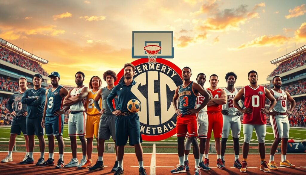 A dynamic scene showcasing legendary SEC basketball and football athletes from different eras, positioned in a collage format. In the foreground, a diverse group of athletes in professional athletic wear stand confidently, embodying their sports' spirit. The middle layer features iconic moments from basketball and football games, with a basketball hoop and goal post subtly integrated. The background includes a vibrant stadium filled with cheering fans, under a sunset sky that creates a warm, nostalgic atmosphere. Use dramatic lighting to highlight the athletes, capturing the essence of their achievements and legacy. A slight depth of field focus enhances the subjects while blurring the background slightly, evoking a sense of historic significance and honor.