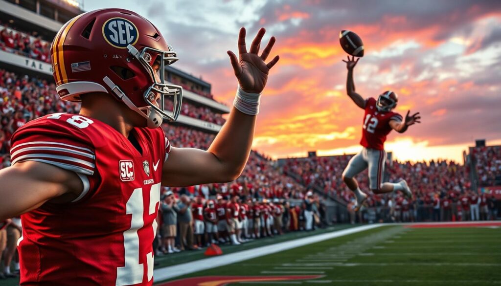 An electrifying SEC football moment, featuring a quarterback in a crimson jersey making a game-winning touchdown pass, surrounded by exuberant fans in the stands adorned with team colors. In the foreground, capture the intense focus of the quarterback, muscles tensed, eyes locked on the receiver. In the middle ground, depict the receiver leaping to catch the ball, perfectly framed against the backdrop of a vibrant sunset glowing over the stadium. The crowd erupts with joy, their faces a mix of exhilaration and disbelief. Use dramatic lighting to highlight the players and enhance the feeling of suspense. The image should convey a sense of triumph and athletic excellence, showcasing the rich legacy of SEC football.