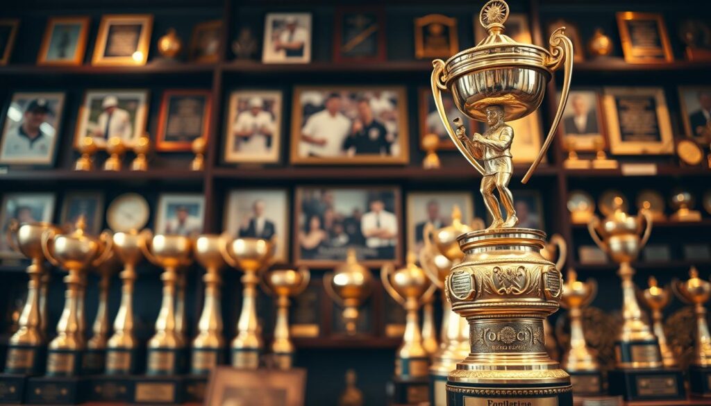 An elegant trophy room filled with a prestigious collection of coaching trophies, each one symbolizing excellence in sports leadership. In the foreground, focus on a beautifully crafted gold trophy with intricate details, showcasing a figure of a coach holding a whistle, encircled by smaller trophies representing various sports. In the middle ground, a wall adorned with framed photos of legendary coaches in action, capturing moments of triumph and teamwork. The background features shelves filled with awards and plaques, lit by soft, warm lighting that creates a serene yet celebratory atmosphere. A shallow depth of field centers attention on the trophies while softly blurring the background. The mood is inspirational and reflective, celebrating the art of coaching and its impact on sports.