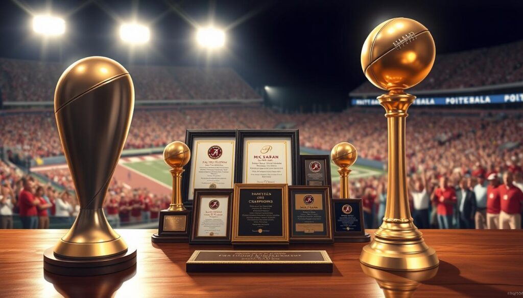 A detailed illustration showcasing Nick Saban's unique coaching honors and records, featuring a large football trophy in the foreground, symbolizing his numerous championships. In the middle, display a collection of framed awards and accolades elegantly arranged on a polished wooden table, highlighting his prestigious achievements. In the background, a blurred image of a packed stadium filled with cheering fans under bright stadium lights, creating an electric atmosphere. The lighting should be warm and inviting, emphasizing the golden tones of the trophies and awards to exude a sense of triumph and legacy. The scene should evoke feelings of celebration and reverence, paying tribute to Saban's remarkable contributions to college football coaching.