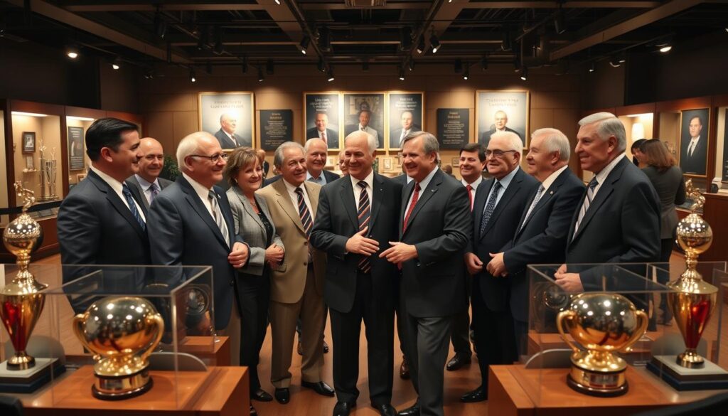 A group of championship coaches, composed of diverse men and women in professional business attire, standing together in a prestigious Hall of Fame setting. In the foreground, the coaches exhibit proud, confident expressions as they interact, sharing stories with one another. The middle ground features elegant displays of trophies and memorabilia, symbolizing their successes. The background reveals a beautifully lit hall, with spotlights shining down on portraits and banners celebrating their community impact. The atmosphere is warm and inspirational, with soft ambient lighting creating a sense of camaraderie and respect. Use a wide-angle lens to capture the depth of the scene and emphasize the importance of these figures in sports and community.