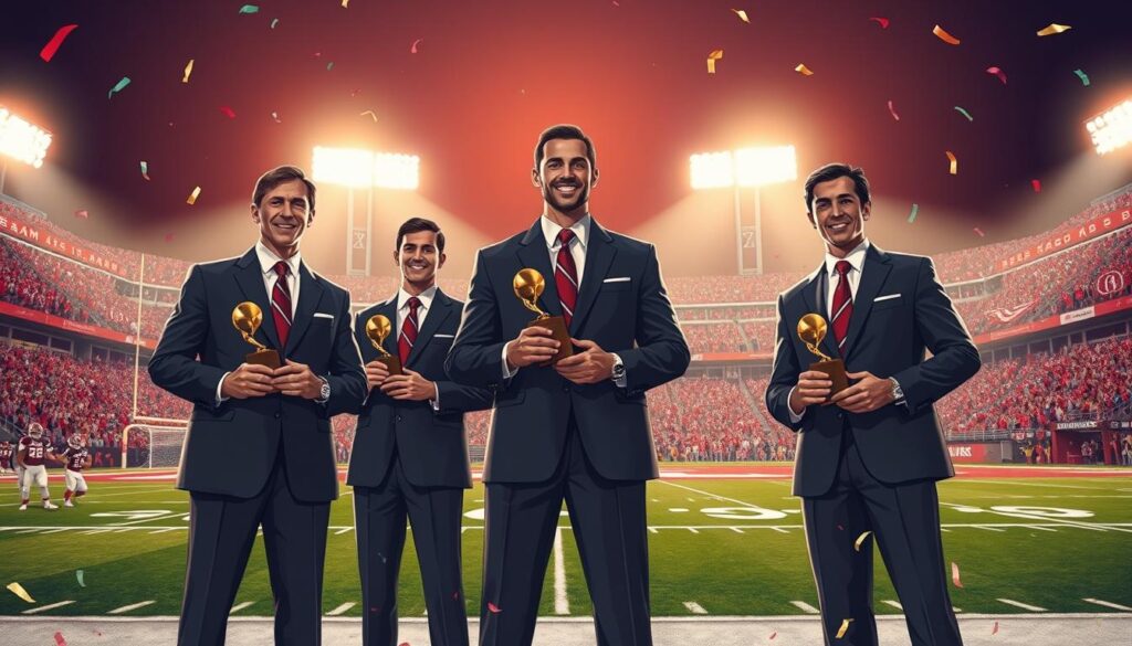 A dynamic illustration featuring Alabama's Heisman Award winners in a celebratory atmosphere. In the foreground, three iconic Heisman winners stand proudly, dressed in professional business attire, holding their trophies. The middle ground showcases a football field with goalposts and vibrant team banners, representing the University of Alabama's spirit. The background features a packed stadium under bright floodlights, illuminating the scene with a warm, golden glow, capturing the excitement of a game day. Emphasize a sense of camaraderie and achievement among the players, with confetti gently falling around them. The perspective is slightly low-angle, highlighting the players as heroes against the lively backdrop of fans cheering. The overall mood is inspiring and triumphant, celebrating their legendary careers.