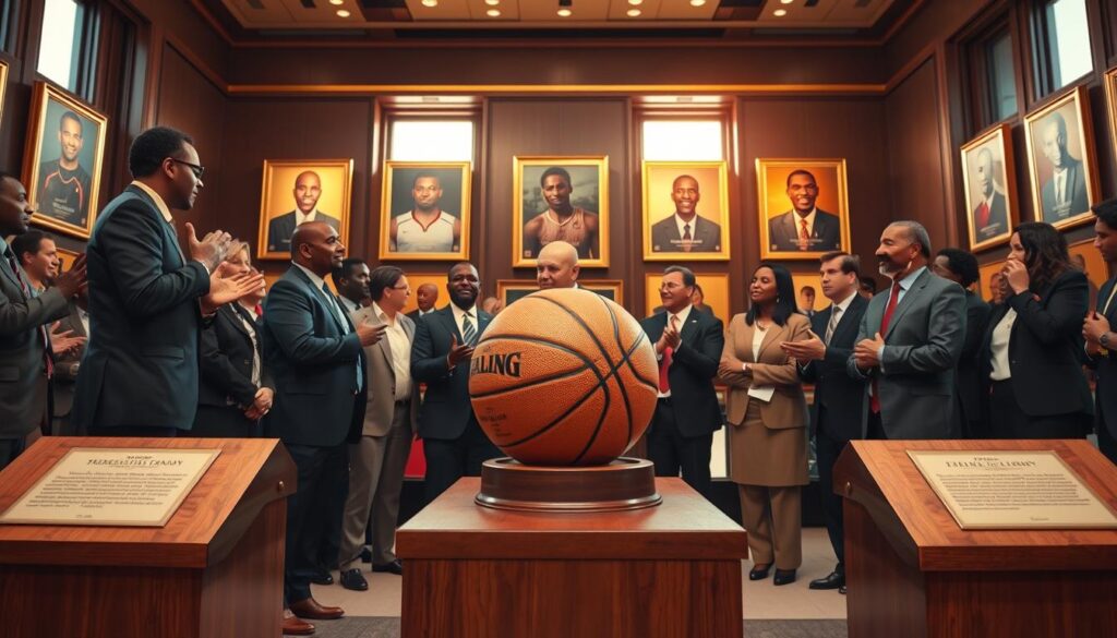 A dynamic scene in a prestigious hall of fame, featuring a polished wooden pedestal holding a basketball adorned with gold accents, symbolizing the legacy of influential athletes. In the foreground, diverse individuals in professional business attire engage in animated discussions, showcasing their impact off the court, with gestures highlighting their passion and commitment. The middle ground reveals framed portraits of notable alumni with golden plaques honoring their achievements, reflecting the rich history of Bama’s basketball trailblazers. The background features tall glass windows filtering warm, natural light, creating an uplifting atmosphere that signifies inspiration and success. The mood is celebratory and reverent, ideal for illustrating the profound influence these athletes possess beyond their sports careers. The angle captures the depth of the venue, drawing the viewer into a vibrant celebration of community and leadership.