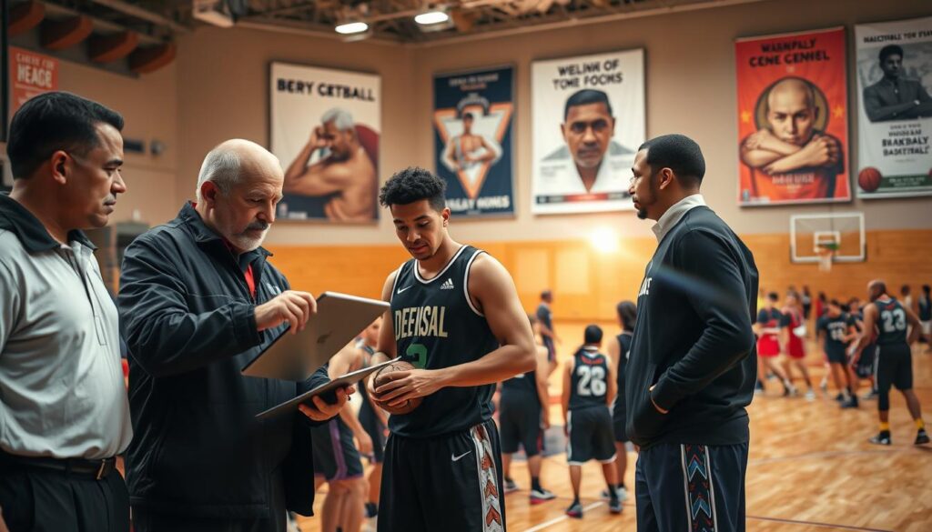 A dynamic scene showcasing basketball pioneers engaged in defensive analysis, featuring a diverse group of male and female players and coaches in professional sports attire. In the foreground, two coaches are animatedly discussing strategies on a digital tablet, while a player stands nearby studying defensive formations on a chalkboard. The middle of the image captures a vibrant gymnasium bustling with athletes practicing various defensive drills, showcasing teamwork and collaboration. In the background, large banners celebrating historical basketball moments add to the atmosphere. The lighting is bright and focused, highlighting the intensity of the training session, with a slight lens flare effect to enhance the energy. This image conveys an inspiring and motivational mood, emphasizing the legacy and impact of these trailblazers in basketball defense strategies.