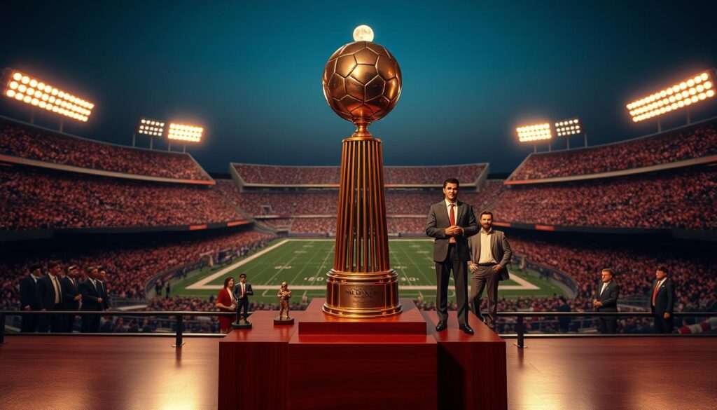 A majestic display celebrating the Heisman Trophy's legacy within football history. In the foreground, a polished Heisman Trophy, gleaming under soft golden spotlighting, stands on a rich mahogany pedestal. Surrounding it are miniature figures of Alabama’s notable Heisman winners, dressed in sharp professional attire, showcasing their achievements and pride. The middle ground features a dynamic football stadium with cheering fans, evoking a sense of historical significance and excitement. In the background, a clear night sky with a full moon adds a touch of grandeur. The lighting is dramatic yet warm, casting gentle shadows that enhance the atmosphere of reverence and celebration. The overall mood is victorious and inspirational, encapsulating the enduring legacy of the Heisman Trophy in college football.