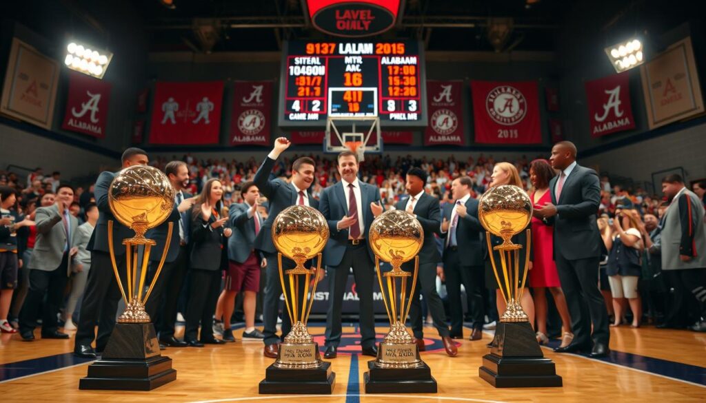 A dynamic and engaging scene capturing the essence of college sports MVP moments, depicting a group of diverse athletes proudly showcasing their awards on a basketball court set up for a game recap. In the foreground, a pair of MVP trophies gleam under bright spotlights, while behind them, a scoreboard displays highlighted game statistics. The middle ground features athletes in professional business attire exchanging enthusiastic gestures and celebrating their achievements. In the background, vibrant team banners represent Alabama, complemented by a cheering crowd, setting an energetic atmosphere. Soft, focused lighting enhances the mood, while a slight depth of field emphasizes the trophies in the foreground. The angle is slightly elevated, giving a cinematic feel to this victorious moment in sports history.