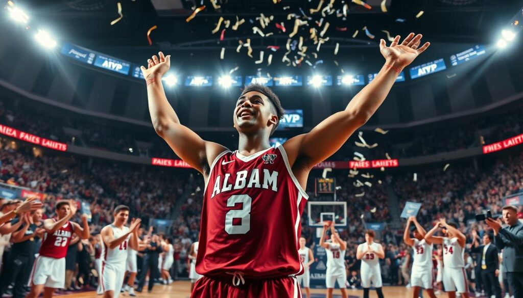 A dynamic scene depicting an Alabama basketball player celebrating a crucial moment on the court during the Final Four. In the foreground, the athlete, clad in a crimson and white jersey, raises their arms in triumph, with determination and pride evident in their expression. Mid-ground elements showcase teammates surrounding the player, each displaying various emotions of joy and excitement, while fans in the background wave Alabama banners and cheer passionately. The arena is illuminated with dramatic spotlighting, creating a sense of urgency and focus. The atmosphere is electric, filled with the thrill of competition as confetti begins to fall. The image captures the essence of "The Road to MVP," showcasing teamwork, victory, and an impending championship glory. Emphasize a wide-angle view to encapsulate the intensity and celebration without any text or distractions.