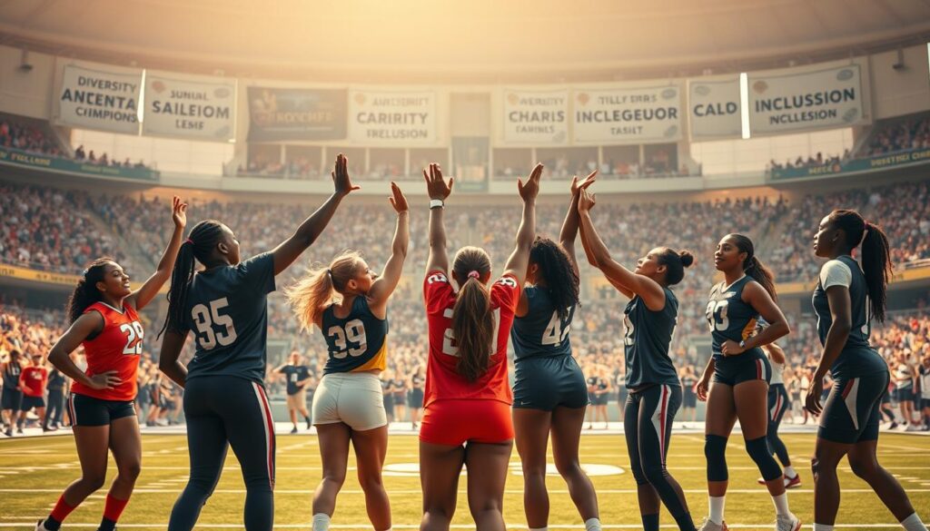 A dynamic scene illustrating the theme of "integration" through the lens of Title IX champions. In the foreground, diverse athletes of various backgrounds, wearing professional sports gear, are shown in a moment of celebration, raising each other's hands in unity. The middle ground features a symbolic stadium filled with fans, representing acceptance and support, while banners showcasing diversity and inclusion ripple in the background. Soft, warm lighting creates an uplifting atmosphere, highlighting the determination and strength of the athletes. The angle is slightly elevated, capturing both the excitement on the field and the supportive crowd. The overall mood is empowering and hopeful, celebrating the impact of Title IX in breaking barriers. A dynamic scene illustrating the theme of "integration" through the lens of Title IX champions. In the foreground, diverse athletes of various backgrounds, wearing professional sports gear, are shown in a moment of celebration, raising each other's hands in unity. The middle ground features a symbolic stadium filled with fans, representing acceptance and support, while banners showcasing diversity and inclusion ripple in the background. Soft, warm lighting creates an uplifting atmosphere, highlighting the determination and strength of the athletes. The angle is slightly elevated, capturing both the excitement on the field and the supportive crowd. The overall mood is empowering and hopeful, celebrating the impact of Title IX in breaking barriers.