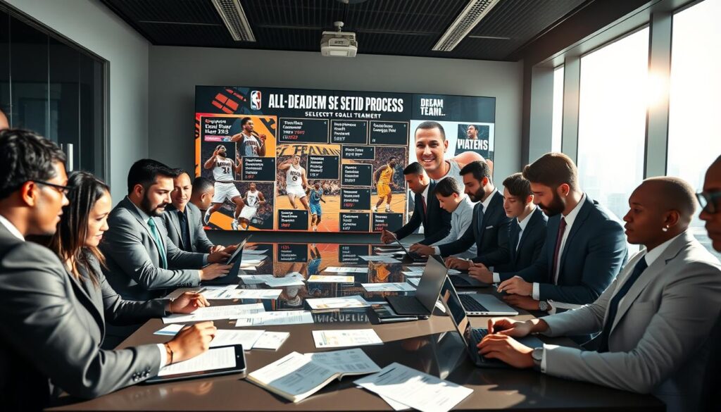 A dynamic scene showcasing the "All-Decade Dream Team Selection Process" in a modern conference room. In the foreground, a diverse group of professional business-attired individuals actively discussing player stats on digital tablets and laptops, with notes and charts spread across a sleek table. The middle ground features a large digital display showcasing key players' highlights, dynamic graphics of their achievements, and the decade’s iconic moments. The background includes a large window revealing an urban skyline, with sunlight streaming in to create a bright, optimistic atmosphere. The lens is set to a wide angle to capture the collaborative spirit and focused expressions on attendees' faces. The mood is energetic and empowering, emphasizing teamwork and the excitement of assembling a legendary team. A dynamic scene showcasing the "All-Decade Dream Team Selection Process" in a modern conference room. In the foreground, a diverse group of professional business-attired individuals actively discussing player stats on digital tablets and laptops, with notes and charts spread across a sleek table. The middle ground features a large digital display showcasing key players' highlights, dynamic graphics of their achievements, and the decade’s iconic moments. The background includes a large window revealing an urban skyline, with sunlight streaming in to create a bright, optimistic atmosphere. The lens is set to a wide angle to capture the collaborative spirit and focused expressions on attendees' faces. The mood is energetic and empowering, emphasizing teamwork and the excitement of assembling a legendary team.