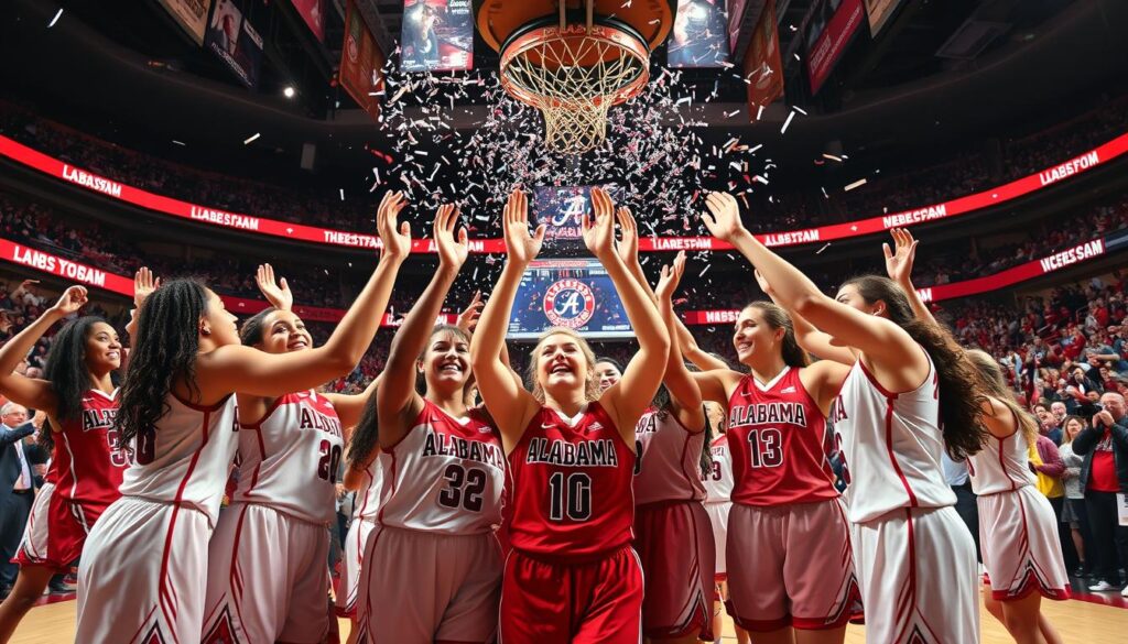 A vibrant scene depicting Alabama women's basketball pioneers celebrating a groundbreaking victory moment on the court. In the foreground, a diverse group of female athletes in crimson and white uniforms, showcasing their excitement with high-fives and joyful expressions. The middle ground features a basketball hoop with confetti falling, and a scoreboard in the background displaying a historic win. The arena is filled with an enthusiastic crowd, all cheering passionately. The lighting is bright and energetic, creating a warm, victorious atmosphere, emphasizing the significance of the moment. The angle captures the players from a slightly low perspective, enhancing their heroic stature. No text or watermarks in the image, strictly focused on the celebration and achievement of these trailblazing athletes. A vibrant scene depicting Alabama women's basketball pioneers celebrating a groundbreaking victory moment on the court. In the foreground, a diverse group of female athletes in crimson and white uniforms, showcasing their excitement with high-fives and joyful expressions. The middle ground features a basketball hoop with confetti falling, and a scoreboard in the background displaying a historic win. The arena is filled with an enthusiastic crowd, all cheering passionately. The lighting is bright and energetic, creating a warm, victorious atmosphere, emphasizing the significance of the moment. The angle captures the players from a slightly low perspective, enhancing their heroic stature. No text or watermarks in the image, strictly focused on the celebration and achievement of these trailblazing athletes.