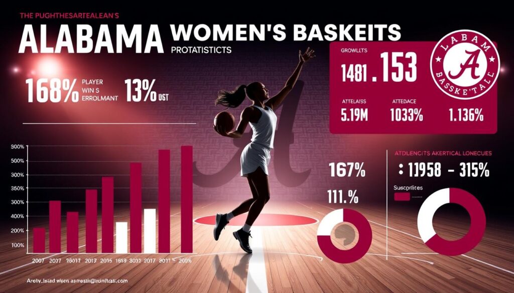 An infographic illustrating the growth statistics of the Alabama women's basketball program, featuring a dynamic and modern design. In the foreground, include bar graphs and pie charts showing key metrics, such as player enrollment, win-loss records, and attendance figures. The middle ground should depict a sharp, stylized silhouette of a female basketball player in a professional sports uniform, dynamically posed, symbolizing empowerment and progress. The background should feature the iconic elements of Alabama's sports culture, such as the university's colors and logos, subtly blended into a textured sports court design. Use bright, uplifting lighting to create an atmosphere of optimism and achievement, with a slight depth of field to draw focus to the statistics in the foreground. Emphasize professionalism and dynamism throughout. An infographic illustrating the growth statistics of the Alabama women's basketball program, featuring a dynamic and modern design. In the foreground, include bar graphs and pie charts showing key metrics, such as player enrollment, win-loss records, and attendance figures. The middle ground should depict a sharp, stylized silhouette of a female basketball player in a professional sports uniform, dynamically posed, symbolizing empowerment and progress. The background should feature the iconic elements of Alabama's sports culture, such as the university's colors and logos, subtly blended into a textured sports court design. Use bright, uplifting lighting to create an atmosphere of optimism and achievement, with a slight depth of field to draw focus to the statistics in the foreground. Emphasize professionalism and dynamism throughout.