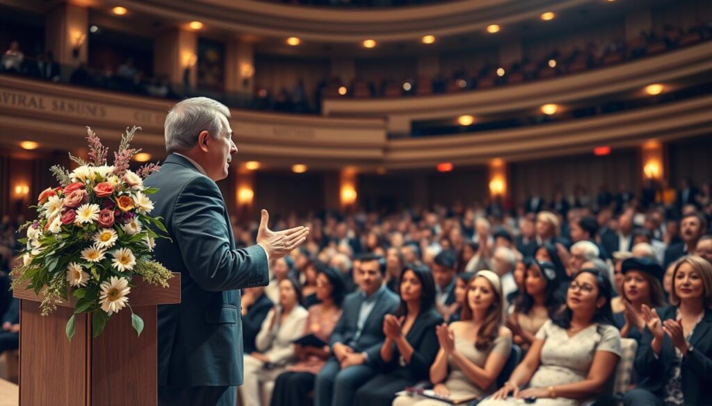 A grand hall filled with a captivated audience, showcasing a podium adorned with elegant flowers. In the foreground, a charismatic speaker in professional business attire delivers an emotional acceptance speech, with hands gesturing expressively. The middle ground features diverse attendees, some visibly inspired, clapping and nodding in appreciation, while others are reflecting on the themes of gratitude, resilience, and legacy. The background showcases soft, warm lighting illuminating the ornate architecture of the hall, emphasizing a sense of reverence and celebration. Use a slight low-angle perspective to enhance the speaker’s prominence, while incorporating a bokeh effect to soften the audience, creating a focused yet intimate atmosphere. The mood should be uplifting and motivational, capturing the essence of legendary words spoken on a proud occasion.