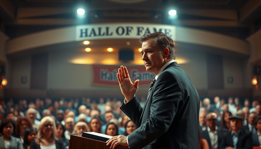 A poignant scene depicting a Hall of Fame acceptance speech moment. In the foreground, a middle-aged person in professional attire stands at a podium, visibly emotional, with tears in their eyes, a hand raised in gratitude. The middle ground features a captivated audience, diverse in ethnicity and age, showing expressions of admiration and inspiration. The background showcases an elegant auditorium filled with soft, warm lighting, creating a nostalgic atmosphere. Subtle details include a banner with "Hall of Fame" behind the speaker and spotlights highlighting their figure. The angle is slightly elevated, capturing the intimate connection between the speaker and audience, invoking a feeling of shared legacy and heartfelt storytelling.