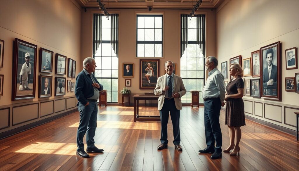 A serene and contemplative scene set in a prestigious tennis hall of fame. In the foreground, three diverse male and female mentors, dressed in smart casual attire, engage in an animated yet respectful discussion about tennis strategy. The middle ground features framed photos and memorabilia of legendary, overlooked tennis players adorning the walls, symbolizing their quiet impact on the sport. Soft, warm lighting highlights the textures of the wooden floors and the elegant decor, creating a reflective atmosphere. In the background, tall glass windows allow natural light to flood the space, casting gentle shadows. The scene conveys a sense of respect, history, and inspiration, capturing the essence of mentorship in tennis.