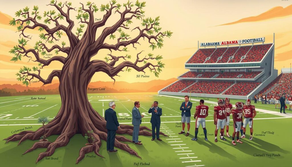 A vibrant illustration of the Alabama coaching tree in football, showcasing the roots of Hall of Fame coaches and their influential protégés. In the foreground, depict a gnarled tree with thick, twisting roots labeled with names of legendary coaches, while beneath them, small saplings symbolize their successful disciples striking poses on a football field. In the middle ground, feature a football field with coaches in professional business attire engaged in strategic discussions, imparting wisdom to young athletes wearing practice gear. In the background, Alabama's famous stadium stands under a warm golden sunset, casting a soft glow over the scene. Capture the atmosphere of mentorship and legacy, evoking a sense of pride and tradition in college football. Use a slightly elevated angle for a dynamic perspective, ensuring clarity in each element and enhancing overall visual appeal.