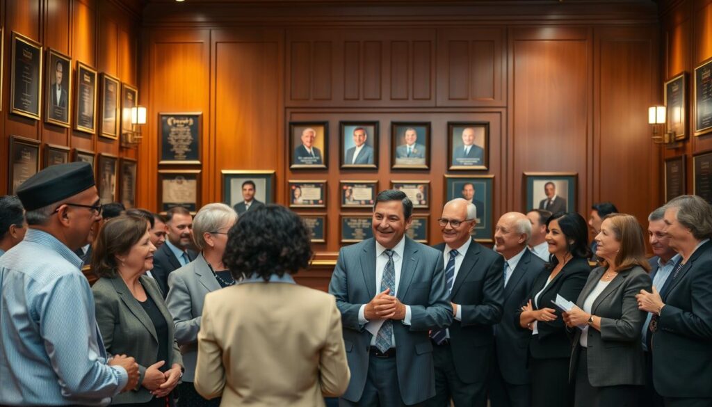 A warm and inviting scene set in an elegant hall adorned with plaques and photographs of inductees. In the foreground, a diverse group of individuals dressed in professional business attire stands together, sharing stories and smiles, embodying camaraderie and appreciation. In the middle, a display of framed pictures and biographical details of lesser-known inductees, subtly lit to give a sense of reverence and honor. The background features soft, ambient lighting illuminating the rich wooden textures of the hall, creating an atmosphere that feels both celebratory and reflective. This composition captures the essence of recognition and respect for unsung heroes, inviting viewers to appreciate their contributions. The image is shot from a slightly elevated angle, allowing for a wide view of the hall and its occupants.