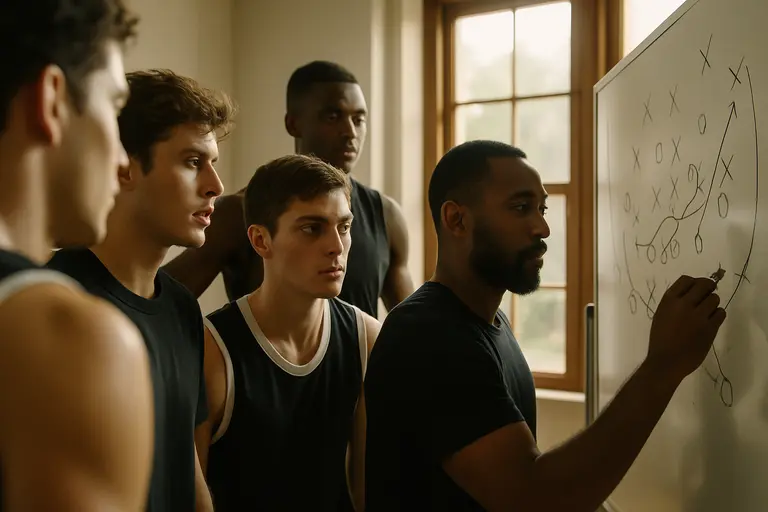 Football players listening as coaches review practice assignments