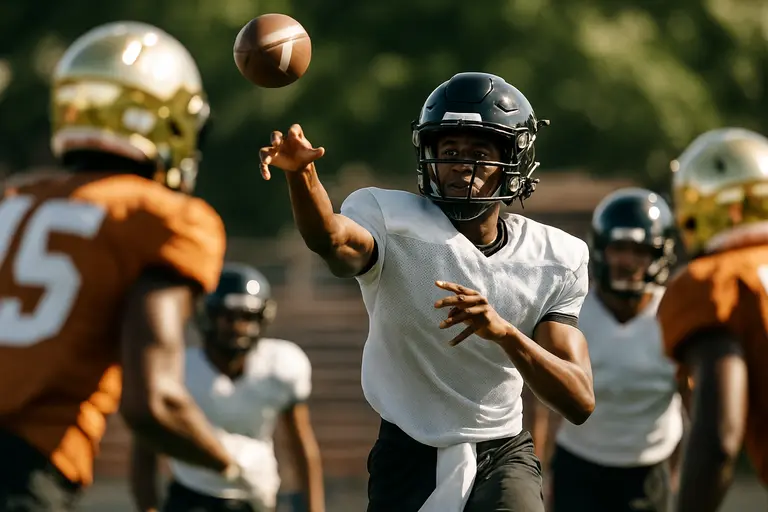 Quarterback sets his feet during a passing drill at football practice