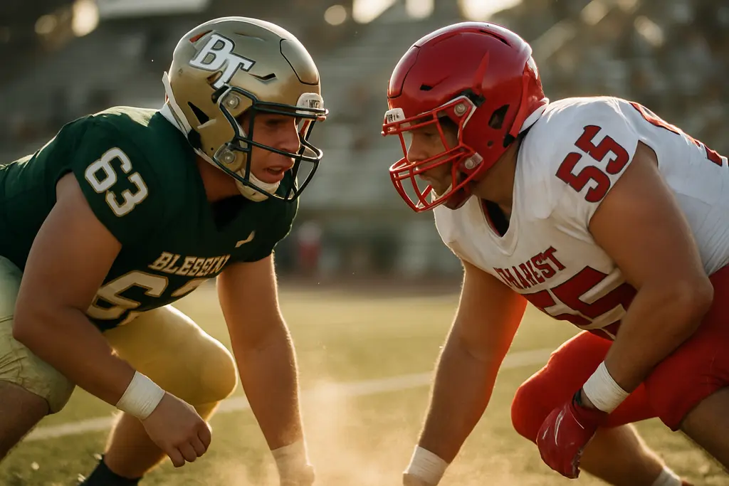 Blessed Trinity vs Marist football players lined up before a snap