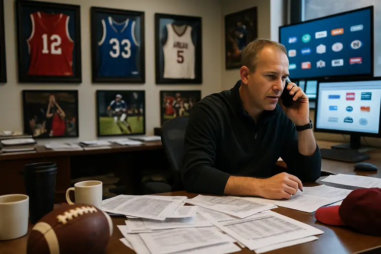 College athletics staff reviewing notes near a football practice field