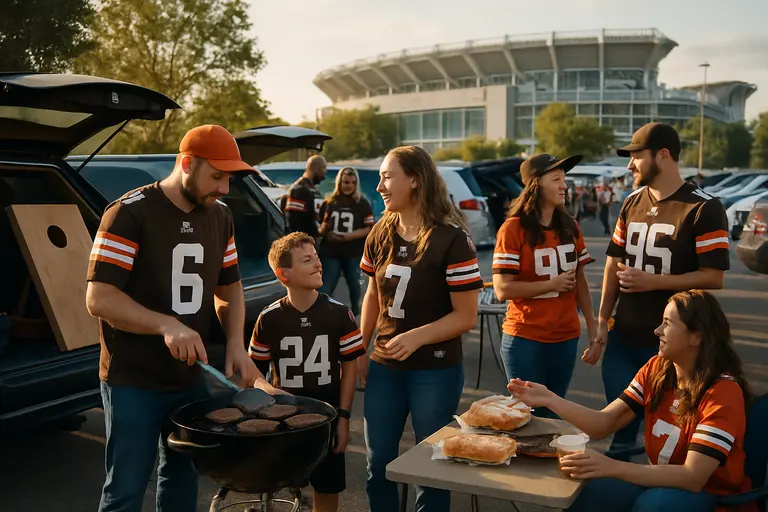 Football fans walking through a parking area toward a stadium entrance
