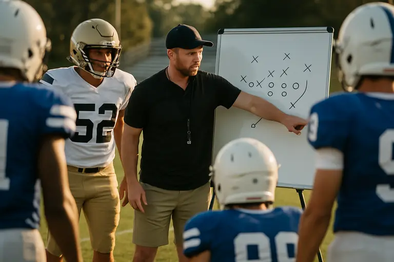 High school football players work through blocking drills at practice