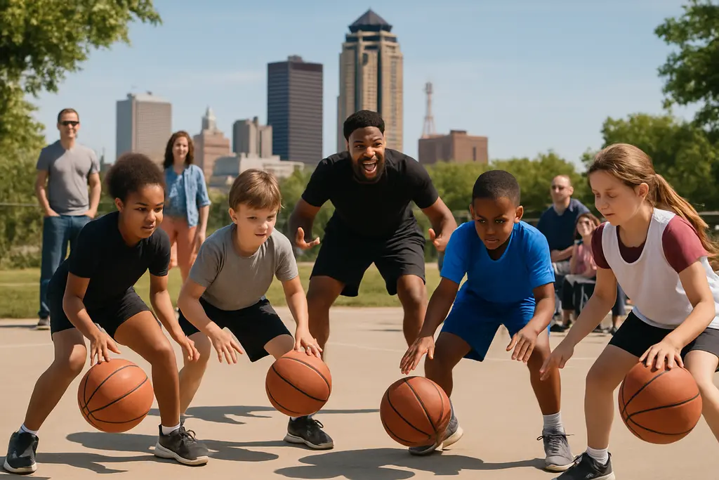 Iowa United Basketball players training on an indoor court in Des Moines